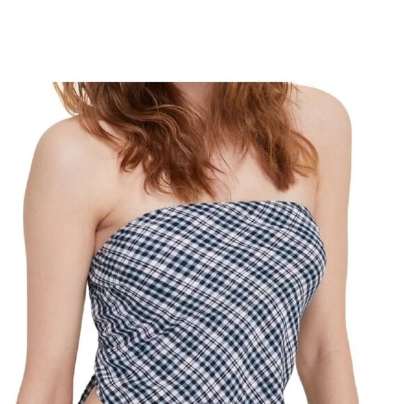 Tommy Jeans Women's Plaid Smocked Scarf Bandeau Top Blue Size Large - Picture 3 of 12